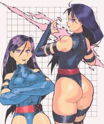 1girls animification ass bare_shoulders belt black_hair blue_leotard bodysuit breasts clothing crossed_arms elizabeth_braddock female gloves highleg highleg_leotard inkuusan large_breasts legwear leotard long_hair looking_at_viewer marvel marvel_comics multiple_girls psylocke purple_eyes purple_hair scar scar_on_face solo thick_thighs thighs thong_leotard very_long_hair x-force x-men