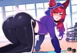 1female 1girls ai_generated all_fours anemoi ass ass_focus blush blush female gym gym_clothes gym_clothing gym_uniform hoodie league_of_legends leggings looking_at_viewer looking_back pantylines riot_games sportswear sweat sweatdrop sweating sweaty tight_clothes tight_clothing vastaya watermark workout_clothes workout_clothing xayah yoga_pants