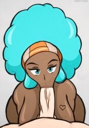 afro big_breasts biggy_deez dark-skinned_female dark_skin fellatio gym_leader heart_tattoo hips interracial kerchief lenora_(pokemon) light-skinned_male light_skin male/female male_pov nude oral pokemon pokemon_bw teal_eyes teal_hair