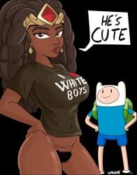 1boy 1girls adventure_time backpack big_breasts black_background black_hair black_shirt bleached bottomless braid braided_hair breasts brown_eyes cartoon_network clothed_male_partially_nude_female crossover crown dark-skinned_female dark_skin dc dc_comics earrings english_text finn_the_human fully_clothed fully_clothed_male gem hairy_pussy hand_on_hip headwear heart hourglass_figure jewelry large_breasts light-skinned_male light_skin long_hair looking_at_viewer multiversus navel navel_visible_through_clothes nubia partially_clothed pubic_hair pussy raceplay shirt smile spakka5 speech_bubble standing thick_thighs warner_brothers watermark