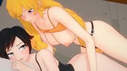 2girls animated big_breasts blonde_hair blush breasts breasts_out busty female hair koikatsu long_hair nyxxzeiss penetration purple_eyes red_hair ruby_rose rwby sex sex_toy shirt_up short_hair silver_eyes sisters strap-on tagme video yang_xiao_long yuri