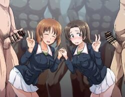 2girls 5boys blush breasts brown_eyes brown_hair censored closed_eyes clothed_female_nude_male girls_und_panzer holding_hands kabutowari large_breasts nishizumi_miho ooarai_military_uniform penis pubic_hair sawa_azusa straight sweat v_sign