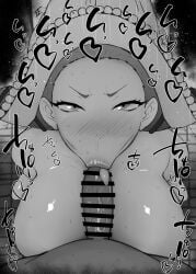 1boy 1girls :>= bare_shoulders big_breasts big_penis black_and_white blush breasts censored dark-skinned_male dark_skin detailed_background dress drooling eyelashes fellatio female headgear heart human indoor inside interracial kuroshitsuji kurotama looking_at_viewer maid male oral_sex penis room saliva shiny shiny_skin short_hair sketch sound_effects squatting sweat text tongue_out vein veins veiny veiny_penis