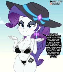 accurate_art_style anthropomorphization beach big_breasts black_bikini blue_eyes blush bow breasts cleavage clothing dirty_talk earrings edit english_language english_text equestria_girls equid equine eyeshadow female hat headwear jewelry large_breasts long_hair looking_at_viewer makeup my_little_pony my_little_pony:_friendship_is_magic navel nude pale_skin purple_hair qos qos_tattoo queen_of_spades raceplay rarity_(mlp) ribbon smile snowbunny solo steca swimsuit text thelazyart twitter_link uncensored