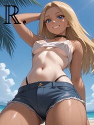 ass big_ass big_thighs blonde_hair choker denim_shorts female front_view realor small_waist solo summer tan_body tanline