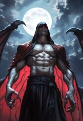 1boy 2024 abs ai_generated avaru clawed_fingers claws clothes clothing fangs full_moon grey_body grey_skin halloween horror human humanoid looking_at_viewer male male_focus male_only mammal moon muscular muscular_male navel nipples robe solo vampire vampire_teeth wings