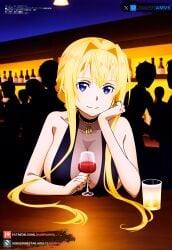 ai_generated alice_schuberg bar big_breasts black_dress blonde_hair blue_eyes collar dinner drinking elegant elegant_dress hand_on_face juanpiamvs long_hair looking_at_viewer night patreon patreon_username sitting smiling subscribestar subscribestar_username sword_art_online tied_hair watermark