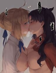 2girls artoria_pendragon black_hair black_ribbon blonde_hair blue_eyes blue_ribbon breast_press breasts closed_eyes exposed_breasts fate/stay_night fate_(series) french_kiss gradient_background grey_background hair_ribbon highres kissing large_breasts long_hair multiple_girls nipples nipples_touching open_shirt red_shirt ribbon saber saliva shirt shirt_lift short_hair silverfox_hot69 symmetrical_docking tohsaka_rin tongue tongue_out turtleneck upper_body white_shirt yuri