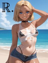 ai_generated ass big_ass big_thighs blonde_hair blue_eyes choker denim_shorts female realor small_waist solo summer tan_body tanline wet_clothes