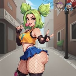 ai_generated background big_ass dizelxl fingerless_gloves fishnet_legwear fishnets green_hair highres league_of_legends league_of_legends:_wild_rift lips lipstick lollipop medium_breasts miniskirt peace_sign slutty_clothing slutty_outfit thick_ass thick_lips thick_thighs thighhighs thong wide_hips zeri_(league_of_legends)