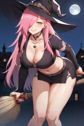 1girls ai_generated breasts halloween halloween_costume long_hair looking_at_viewer night nude_female outdoors pink_hair public solo_female tagme thighs tupadrev4 virtual_youtuber witch witch_costume witch_hat yellow_eyes