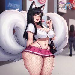 ahri ai_generated big_ass big_breasts cropped_legs dizelxl fishnet_stockings fishnets highres league_of_legends league_of_legends:_wild_rift lipstick miniskirt riot_games slutty_outfit thick_lips thick_thighs thong