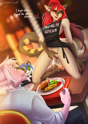 anthro apron apron_only black_apron blush bodily_fluids button_eyes clitoris clothed clothing colored_nails cutlery dialogue digital_media_(artwork) dinner_table english_text female food fork fur furniture genital_fluids genitals hair heart kammi-lu kitchen_utensils kneeling leona_(aka)_little_one looking_at_another looking_at_partner male mostly_nude nails on_table open_mouth pink_body pink_fur pink_pussy purple_nails pussy pussy_juice pussy_juice_string red_hair sewn_mouth shaded shirt signature sitting sitting_on_chair sledge spread_pussy spreading table tan_body tan_fur text text_on_apron text_on_clothing tools topwear