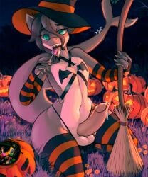 anthro candy clothed clothing dessert erection femboy fish food halloween hat headgear headwear hi_res holidays kris_(xlyuz) looking_at_viewer magic_user male marine outside partially_clothed shark solo thong underwear wide_hips witch witch_costume witch_hat xlyuz