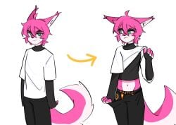 anther anthro arm_stockings arrow artist belly_button black_pants bodily_fluids canid canine clothing cum cute femboy fox genital_fluids green_eyes hi_res kunfen lifting lifting_shirt looking_at_viewer male male/male mammal pink_fur pink_hair pinup pose shy solo tail underwear white_background white_shirt