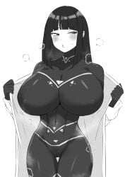 black_bodysuit blush bodysuit breasts cameltoe cesara_(limbus_company) cesara_(project_moon) highres hime_cut lab_coat large_breasts limbus_company lips monochrome moonstone0914 narrow_waist pointy_chin presenting_breasts project_moon skin_tight steaming_body sweat sweatdrop thigh_gap turtleneck turtleneck_bodysuit wide_hips