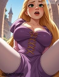 ai_generated blonde_hair blush breasts building castle cleavage clothing day dress english_language english_text female female female_only forehead green_eyes jousneystudio juliet_sleeves large_breasts legwear lips long_hair long_sleeves looking_at_viewer open_mouth outdoors puffy_sleeves purple_dress rapunzel rapunzel_(tangled) sitting smile solo spread_legs tangled tangled_(disney) text thighs very_long_hair