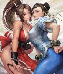 2girls akiman_pose bare_shoulders bracelet breasts breasts_pressed_against_partner brown_eyes brown_hair catfight china_dress chinese_clothes chun-li cleavage commentary double_bun dress earrings eye_contact fatal_fury fatal_fury:_city_of_the_wolves fingernails gold_trim hair_bun hand_on_own_hip highres implied_yuri japanese_clothes jewelry lips long_hair looking_at_another mai_shiranui medium_breasts miche multiple_girls nail_polish ninja pants parted_bangs pelvic_curtain ponytail revealing_clothes rivalry rope shiranui_mai short_sleeves simple_background sleeveless smile staredown street_fighter street_fighter_6 the_king_of_fighters thighs yuri