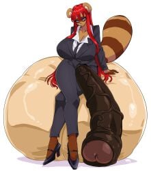 anthro balls balls_out big_balls big_breasts big_penis breasts business_suit canid canine casual_exposure catboi_arry clothing footwear genitals gynomorph hair hi_res high_heels huge_balls huge_breasts huge_cock hyper hyper_balls hyper_genitalia hyper_penis intersex long_hair mammal necktie penis penis_poking_out raccoon_dog red_hair shoes sitting_on_own_balls solo suit tanuki valerie_(moshi) vein veiny_penis