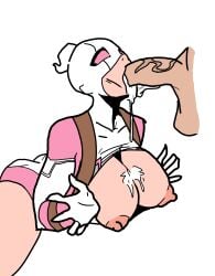 1girls blowjob clothed_sex color_edit cum_in_mouth cum_on_breasts cum_overflow edit floating_penis gwenpool huge_breasts kneeling looking_at_another numbnutus rough_sketch superheroine