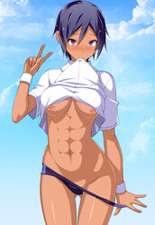 1girls abs areolae astroguy2 blush breasts dark-skinned_female dark_skin female female_only highres large_breasts looking_at_viewer muscle muscles muscular_female navel nipples purple_eyes purple_hair shirt shirt_in_mouth shirt_lift short_hair shorts shorts_pull solo thigh_gap tomboy wide_hips