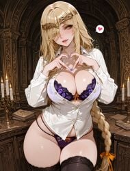 1girl ai_generated arlequin097 bandai_namco black_thighhighs blonde_hair blush book bra braid braided_ponytail breasts candle candlestand circlet cleavage collared_shirt cowboy_shot elden_ring eyes_visible_through_hair fromsoftware hair_over_one_eye hair_ribbon heart heart_hands indoors large_breasts long_braid long_hair long_sleeves looking_at_viewer nail_polish open_clothes open_mouth open_shirt orange_ribbon panties parted_lips partially_unbuttoned patreon_username purple_bra purple_nails purple_panties queen_marika_the_eternal ribbon shirt smile solo spoken_heart thighhighs thighs underwear very_long_hair white_shirt yellow_eyes