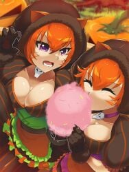 2girls angry animal_ears cat_ears catgirl cleavage fire_emblem fire_emblem:_path_of_radiance fire_emblem:_radiant_dawn fire_emblem_heroes halloween jealous keldancon large_breasts lethe_(fire_emblem) lyre_(fire_emblem) nintendo orange_hair purple_eyes