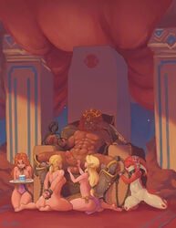 1boy 4girls big_penis blonde_hair breath_of_the_wild broken_rape_victim chains collar crossgender dark-skinned_male female ganondorf genderswap_(mtf) harem hylian link link_(breath_of_the_wild) male malon mipha multiple_girls nintendo orange_hair pale_skin pointy_ears princess_zelda rape roxyrex rule_63 shackles slave slave_collar slavegirl spoils_of_war steel_bondage the_legend_of_zelda throne throne_room whip zelda_(breath_of_the_wild) zora