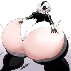 1girls ass ass_bigger_than_head blindfold clothing female female_only grabbing_ass grabbing_own_ass hairband huge_ass hyper hyper_ass light-skinned_female light_skin nier nier:_automata short_hair snesflint solo thick white_background white_hair yorha_2b