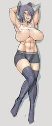 10s abs bike_shorts breasts commentary commentary_request eyepatch female kantai_collection large_breasts mikoyan muscle muscular_female nipples puffy_nipples sharp_teeth teeth tenryuu_(kantai_collection) thighhighs zettai_ryouiki