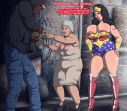 1boy 2girls areola_slip bulge bulge_through_clothing cleavage contingency dark-skinned_male dark_skin dc dc_comics denim diana_prince imminent_sex instant_loss jeans light-skinned_female light_skin strapless strapless_leotard superheroine thief wonder_woman wonder_woman_(series)