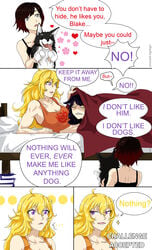 1boy 3girls blake_belladonna comic english_text female human male multiple_girls ruby_rose rwby speech_bubble text y8ay8a yang_xiao_long yaya_(y8ay8a)