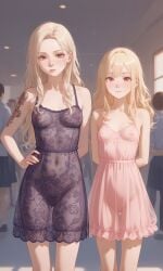 2girls ai_generated bangs blonde_hair covered_nipples dress female identical_twins navel nose_piercing original_character pale_skin petite red_eyes see-through see-through_clothing septum_piercing skinny small_breasts tattoo translucent_clothing twins