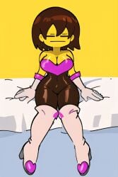 ai_generated bangs bedroom blank_expression bobcut bodysuit boots breasts brown_hair closed_eyes cosplay costume curvy female female frisk frisk_(undertale) fully_clothed gloves hallboween_costume halloween heel_boots pixai poker_face rouge_the_bat_(cosplay) sitting sitting_on_bed solo undertale undertale_(series) white_bed_sheet yellow_skin yellow_wall