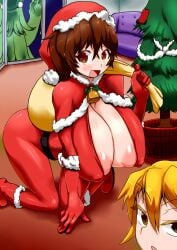 2girls age_difference all_fours areola_slip bag bell blonde_hair bodysuit boots breasts brown_eyes brown_hair capelet christmas christmas_tree cleavage couch covered_erect_nipples fur-trimmed_capelet fur-trimmed_footwear fur-trimmed_gloves fur_trim gift_bag gloves hakurei_reimu hanging_breasts hat highres histamine_c huge_breasts indoors knees_together_feet_apart kureha_reimu large_areolae looking_at_viewer looking_back marisa_carnby mistletoe multiple_girls no_bra open_mouth ponytail puffy_areolae puffy_nipples red_bodysuit red_capelet red_footwear red_gloves reverse_trap sagging_breasts santa_costume santa_hat tomboy touhou window yukkuri_to_rooru_suru_trpg