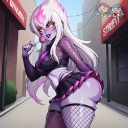 ai_generated big_ass big_breasts dizelxl evelynn fishnet_legwear fishnet_shirt fishnet_thighhighs fishnets highres huge_ass league_of_legends league_of_legends:_wild_rift lipstick lollipop miniskirt purple_body purple_lipstick purple_skin slutty_clothing slutty_outfit solo standing thick_ass thick_legs thick_lips thick_thighs thighhighs white_hair wide_hips yellow_eyes