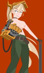 1girls belt big_breasts blonde_female blonde_hair cannon_master_tilly_(fortress_saga) choker cyborg edit edited edited_image fortress_saga green_eyes green_pants hair human leather_belt mechanical_arm ponytail removed_watermark robotic_arm welding_mask wrench