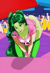 1girls ai_generated bunanza_ cosplay curvy curvy_body curvy_female curvy_figure date fan_meet girlfriend green_skin lean_body marvel marvel_comics medium_breasts she-hulk shirt_pull solo t-shirt t-shirt_only tagme teenager