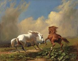 1849 19th_century absurd_res ambiguous_gender ancient_art anus balls black_body black_fur brown_body brown_fur brown_mane duo duo_focus equid equine feral fur genitals group hi_res hooves horse male mammal mane oil_painting_(artwork) rudolph_koller storm_clouds traditional_media_(artwork) underhoof white_body white_fur white_mane