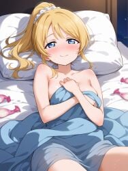 1girls after_sex ai_generated ayase_eli bed_sheet blonde_hair blue_eyes blush breasts closed_mouth condom cum female female_only love_live! love_live!_school_idol_project pillow ponytail smile solo solo_female tokiwa-27 used_condom