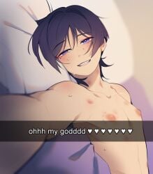 1boy bed bite_mark bite_marks blue_eyes blue_hair blush genshin_impact half-closed_eyes laying_on_back laying_on_bed looking_at_viewer looking_pleasured naked photo pleasure_face s
sweat scaramouche_(genshin_impact) selfie smile smiling_at_viewer taking_picture u__wo_