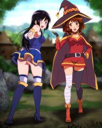 2girls :o alternate_costume aqua_(konosuba)_(cosplay) armpits ass belt black_legwear blue_skirt blush boots breasts brown_eyes brown_hair calf_boots choker clothing collar cosplay dress embarrassed gloves hat heel_boots hibike!_euphonium high_heel_boots kono_subarashii_sekai_ni_shukufuku_wo! kousaka_reina long_hair medium_breasts megumin_(cosplay) multiple_girls no_panties oumae_kumiko purple_eyes purple_hair sbel02 short_dress short_hair short_skirt single_thighhigh small_breasts thigh_boots thighhigh_boots thighhighs