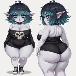 1:1 1girls ai_generated alternate_costume big_ass big_breasts blue_eyes choker chubby clothed clothing ear_piercing female female_focus female_only goth goth_girl gradient_hair large_breasts league_of_legends long_ears pointy_ears shortstack simple_background smaller_female stable_diffusion standing thick_thighs vex_(league_of_legends) white_background wide_hips yordle