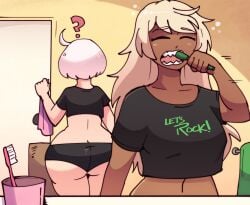 2girls ass big_ass big_butt blonde_hair closed_eyes dark_skin elphelt_valentine fat_ass female_focus guilty_gear guilty_gear_strive huge_ass kujikawaii long_hair ramlethal_valentine shirt toothbrush underwear white_hair