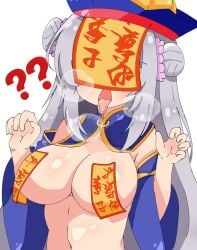 covered_face double_bun grey_hair halloween heavy_breathing jiangshi large_breasts talisman talisman_pasties tongue tongue_out