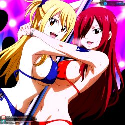 2girls ai_generated big_breasts bikini blonde_hair blue_bikini brown_eyes club curvy curvy_figure dancing disco erza_scarlet fairy_tail hand_on_neck hugging juanpiamvs long_hair lucy_heartfilia open_mouth patreon patreon_username pigtail pole pole_dancing pressing_breasts_together public red_bikini red_hair smiling standing subscribestar subscribestar_username sweatdrop tatoo watermark