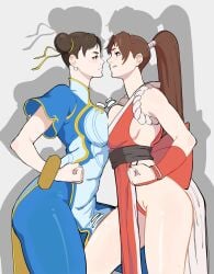 2girls akiman_pose big_breasts breast_press breasts brown_eyes brown_hair catfight china_dress chinese_clothes chun-li clenched_hands commentary crossover dress english_commentary fatal_fury female female_only hair_bun highres huge_breasts king_of_fighters large_breasts long_hair looking_at_another mai_shiranui motoyui multiple_girls ninja octavius_(octavius_dp) octavius_dp ponytail rivalry shiranui_mai short_hair side_slit staredown staring street_fighter street_fighter_6 symmetrical_docking