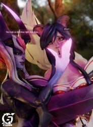 2girls 3d ahri animal_ears black_hair evelynn face_squish femdom fox_ears grabbing_face league_of_legends otaviox6 riot_games shocked_expression succubus text vastaya yellow_eyes