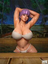 ayane_(doa) big_breasts bikini dead_or_alive evening hagiwara_studio looking_at_viewer outdoors pool purple_hair red_eyes slim_waist standing