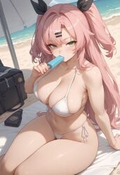 1girls ai_generated arm_support bag bangs beach beach_towel beach_umbrella black_ribbon blush cleavage collarbone eyebrows_visible_through_hair food front-tie_bikini_top green_eyes hair_ribbon hairclip halterneck holding_popsicle huge_breasts large_thighs looking_at_viewer mole mole_on_breast nicole_demara ocean on_ground outdoors pink_hair popsicle popsicle_in_mouth side-tie_bikini sidelocks sitting solo stable_diffusion string_bikini swept_bangs thong_bikini two_side_up white_bikini zenless_zone_zero